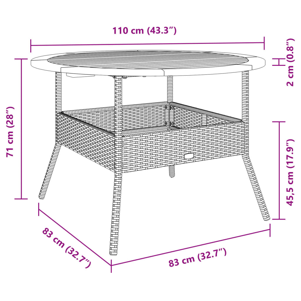 vidaXL Stół ogrodowy z akacjowym blatem, beż, Ø110x71 cm, rattan PE