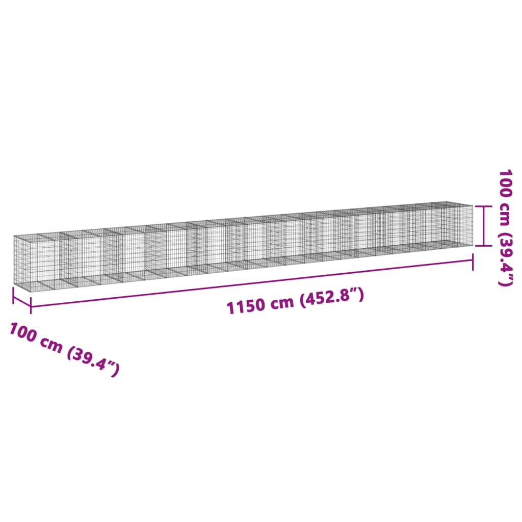 vidaXL Kosz gabionowy z pokrywą, 1150x100x100 cm, galwanizowane żelazo