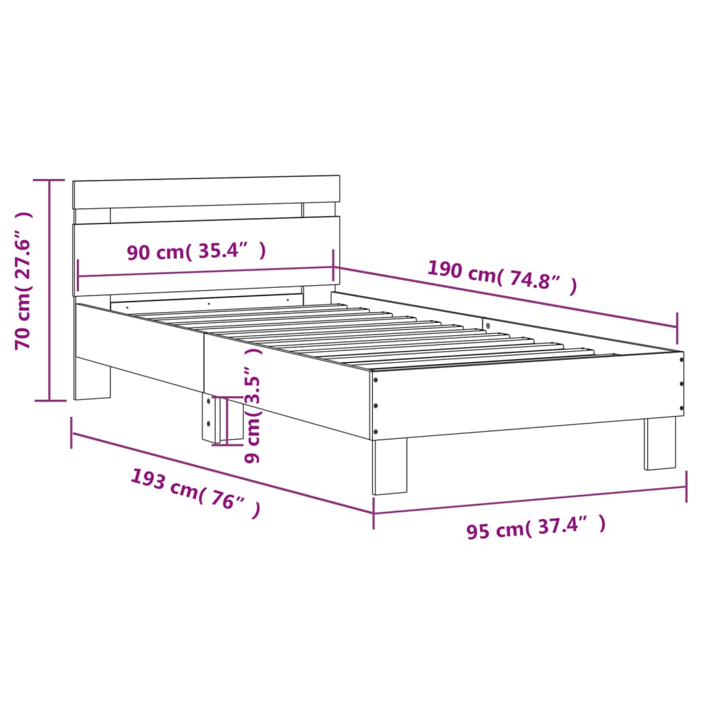 vidaXL Rama łóżka z wezgłowiem i LED, szarość betonu, 90x190 cm