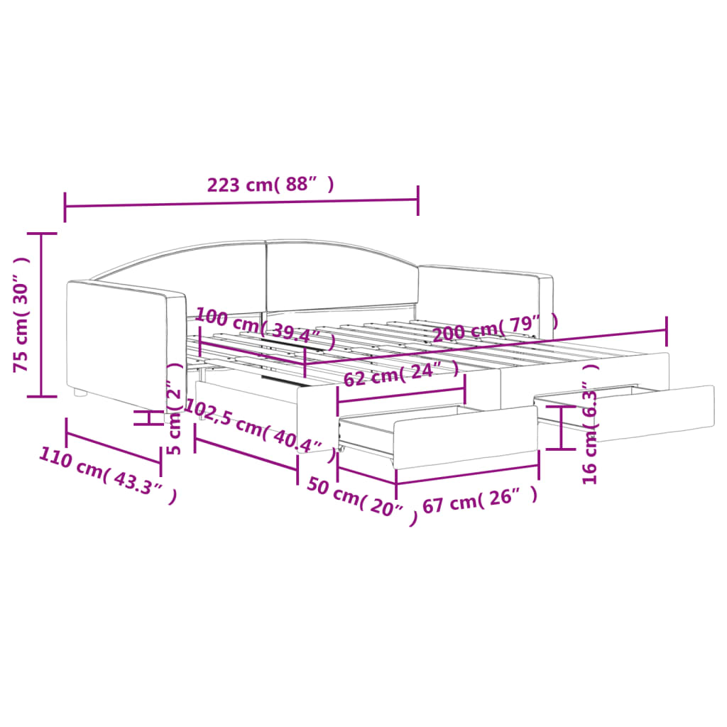 vidaXL Sofa rozsuwana z szufladami, czarna, 100x200 cm, tkanina