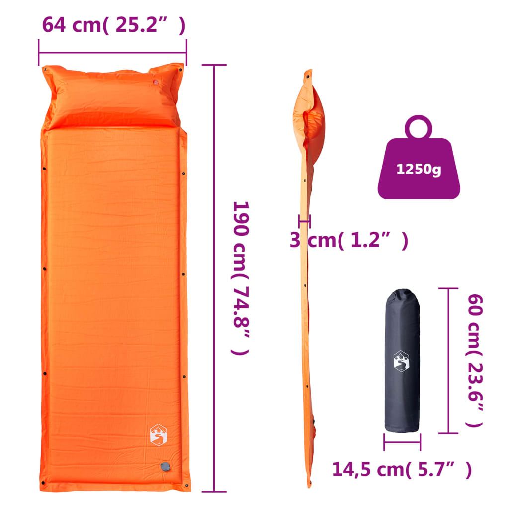 vidaXL Materac samopompujący z poduszką, 1-osobowy, pomarańczowy