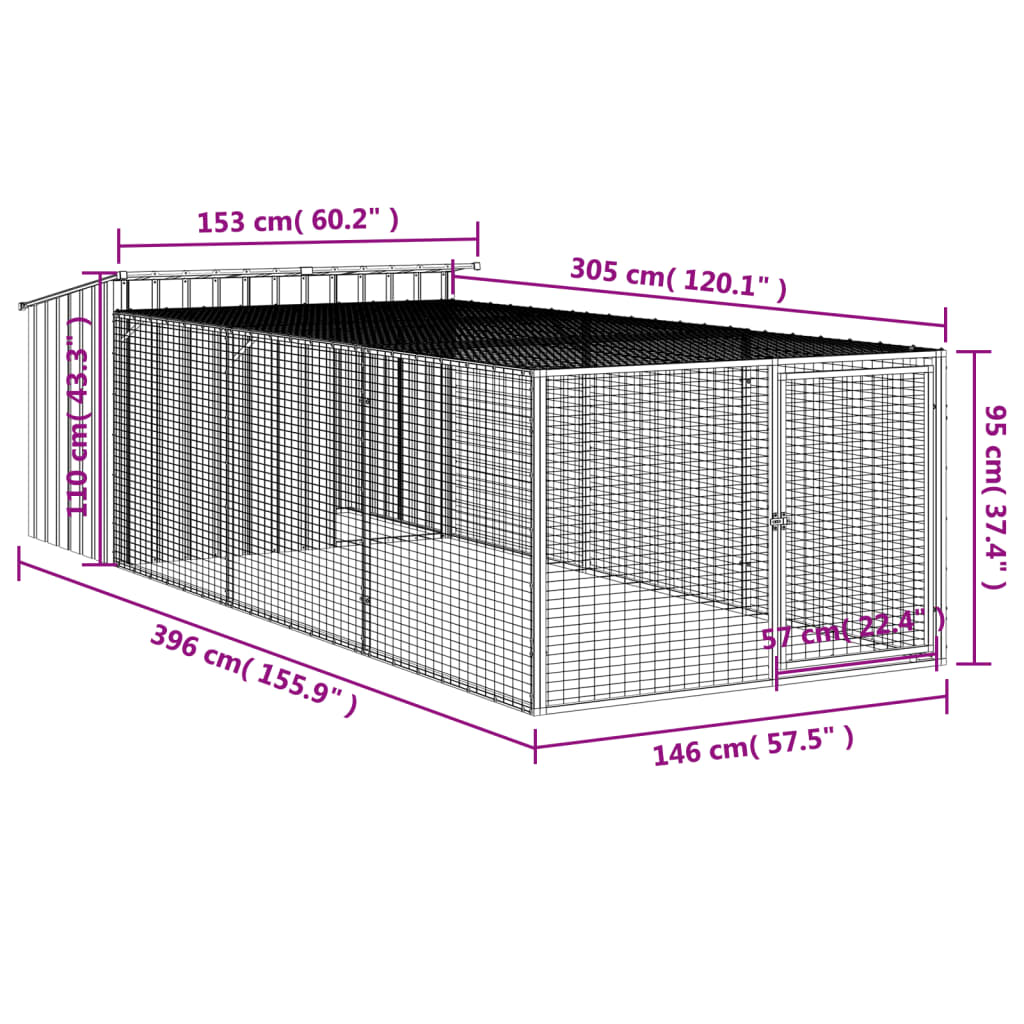 vidaXL Buda dla psa, z wybiegiem, antracytowa, 153x396x110 cm, stal