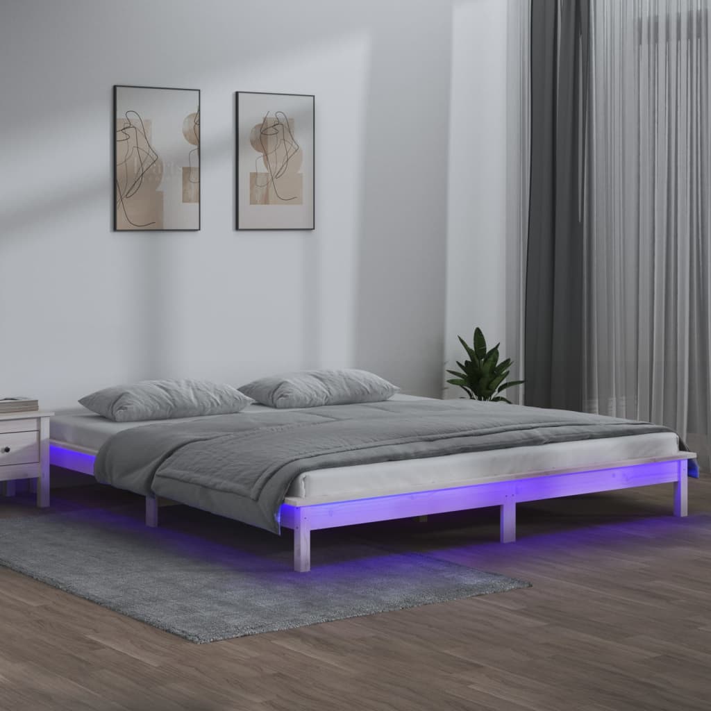 vidaXL Rama łóżka z LED, biała, 135x190 cm, podwójna, lite drewno