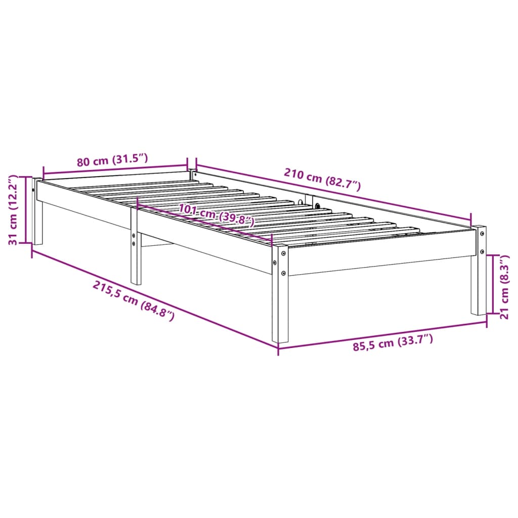 vidaXL Dłuższe łóżko bez materaca, 80x210 cm, lite drewno sosnowe