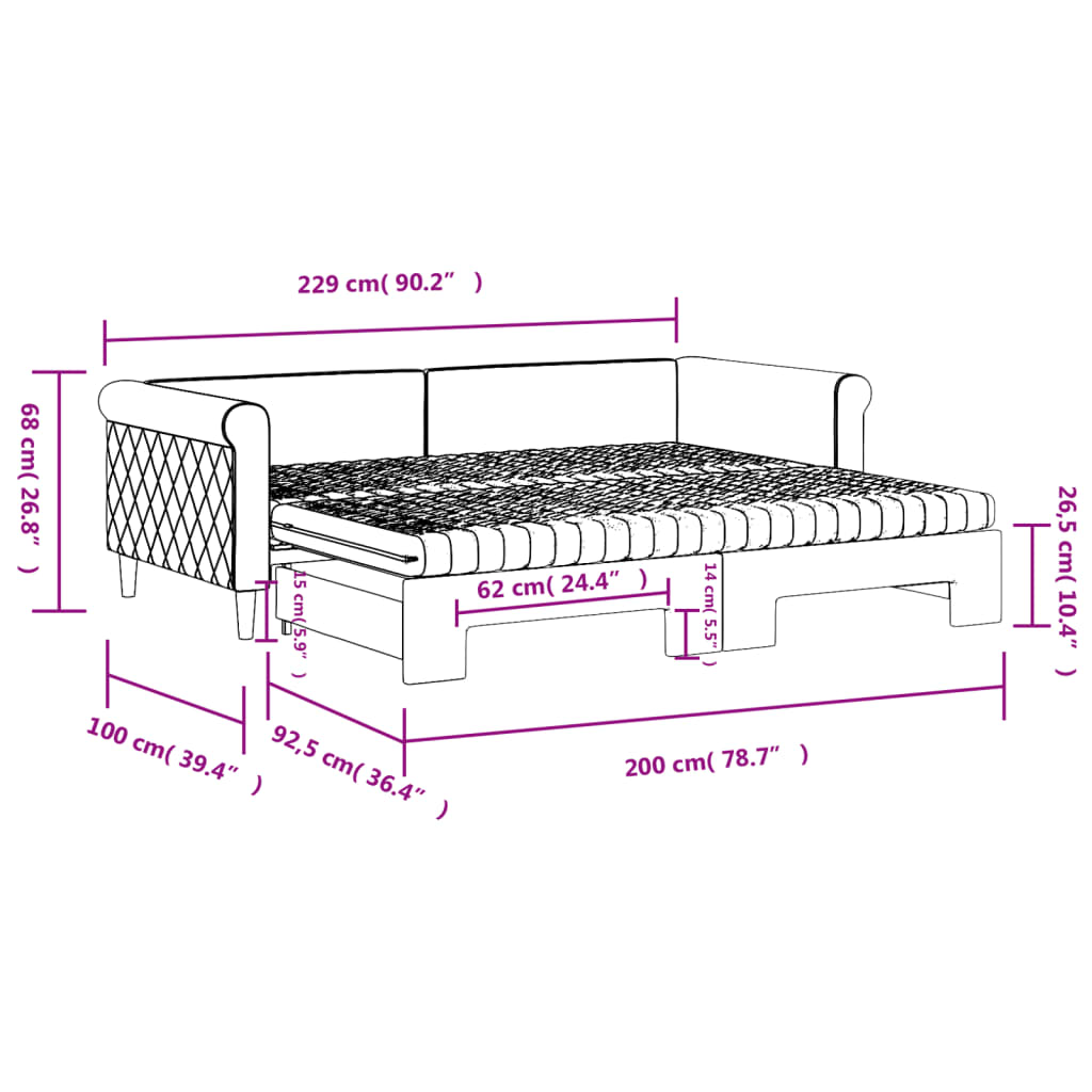 vidaXL Sofa rozsuwana z materacami, ciemnoszara, 90x200 cm, aksamit