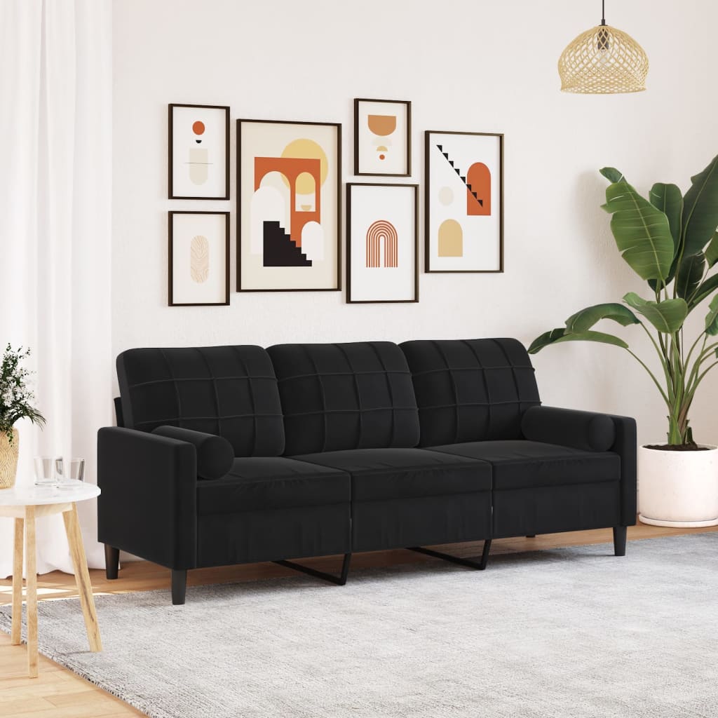 vidaXL 3-osobowa sofa z poduszkami, czarna, 180 cm, aksamit