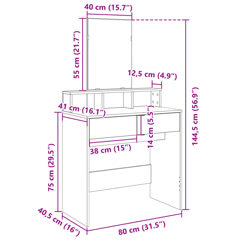 vidaXL Toaletka z lustrem, biała, 80x41x144,5 cm