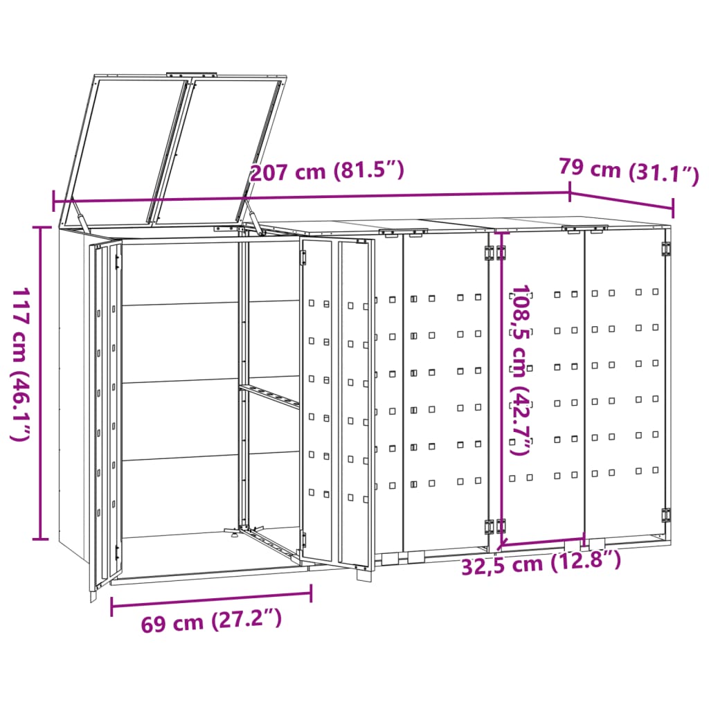 vidaXL Obudowa na 3 kosze na śmieci, antracytowa, 207x79x117 cm