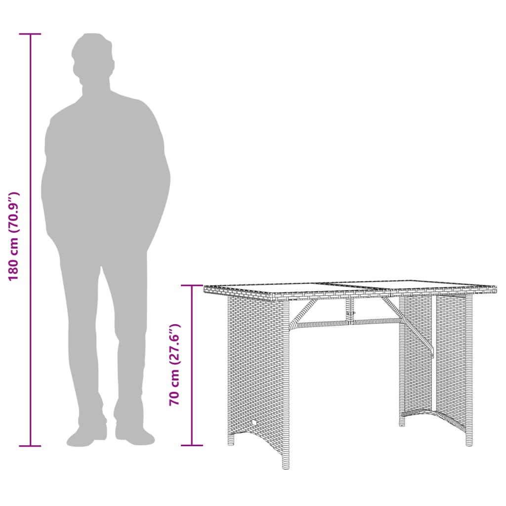 vidaXL Stół ogrodowy ze szklanym blatem, brąz, 110x68x70, polirattan