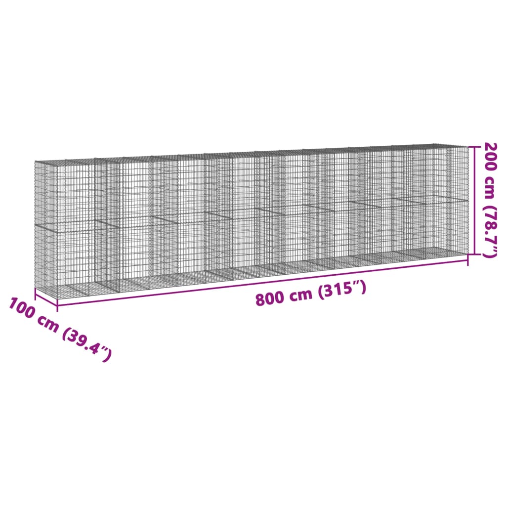 vidaXL Kosz gabionowy z pokrywą, 800x100x200 cm, galwanizowane żelazo