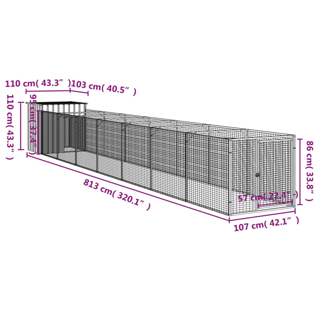 vidaXL Buda dla psa, z wybiegiem, antracytowa, 110x813x110 cm, stal