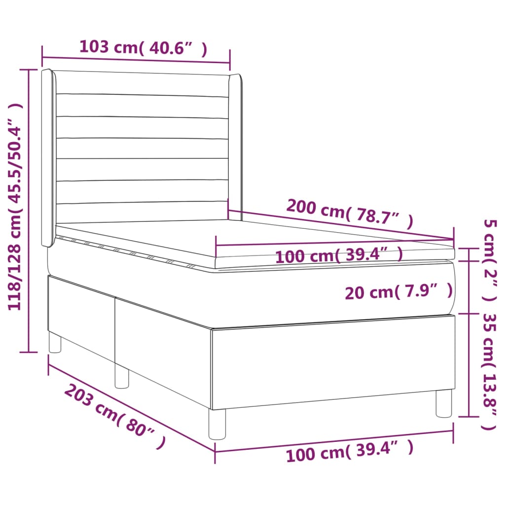 vidaXL Łóżko kontynentalne, materac i LED, niebieski aksamit 100x200cm