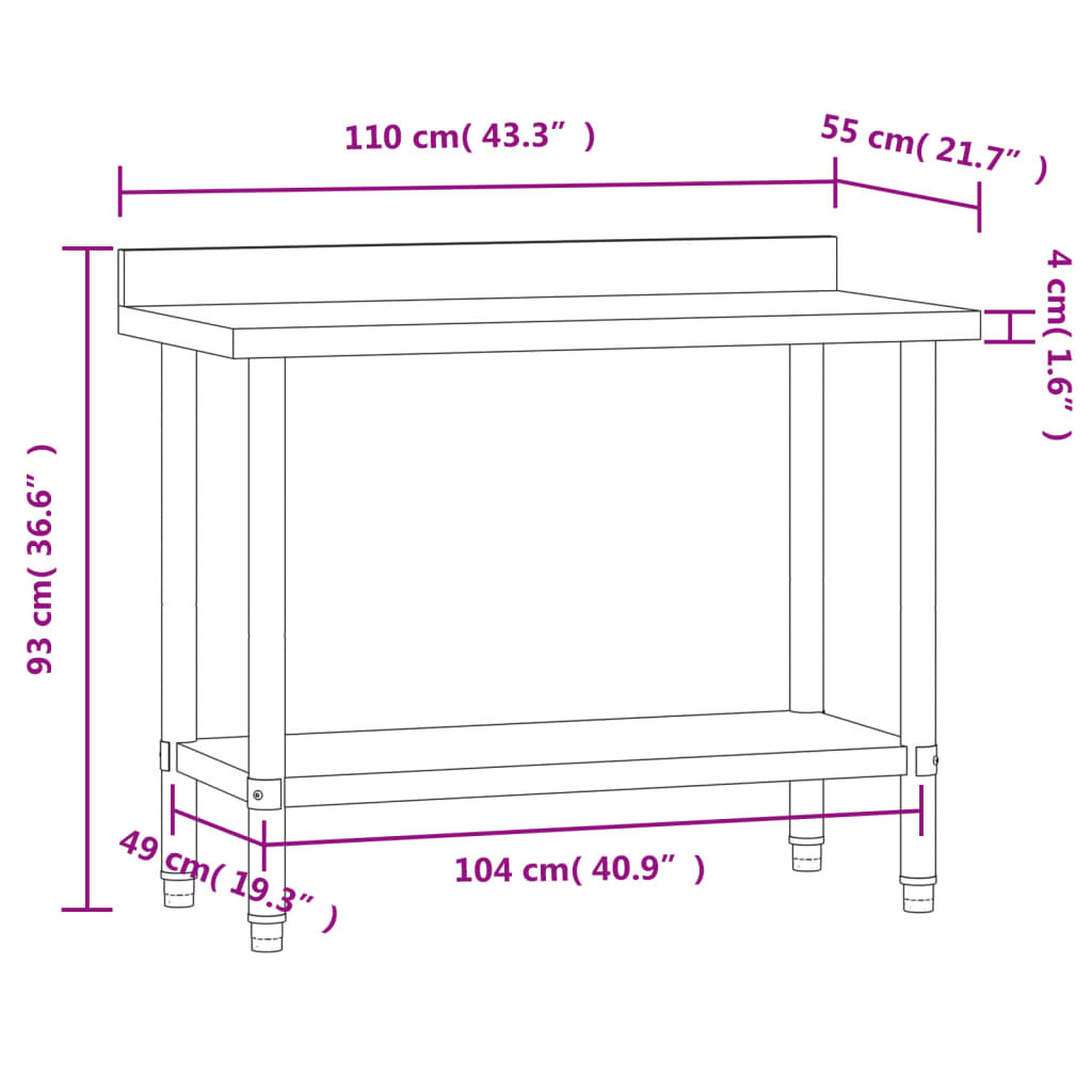 vidaXL Kuchenny stół roboczy z rantem, 110x55x93 cm, stal nierdzewna