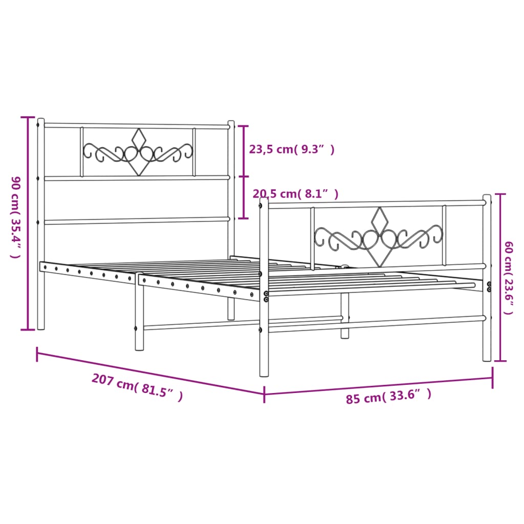 vidaXL Metalowa rama łóżka z wezgłowiem i zanóżkiem, czarna, 80x200 cm