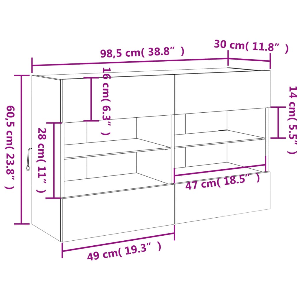 vidaXL Ścienna szafka TV z LED, biała, 98,5x30x60,5 cm