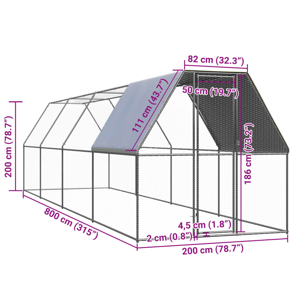 vidaXL Klatka dla kurcząt, 2x8x2 m, stal galwanizowana