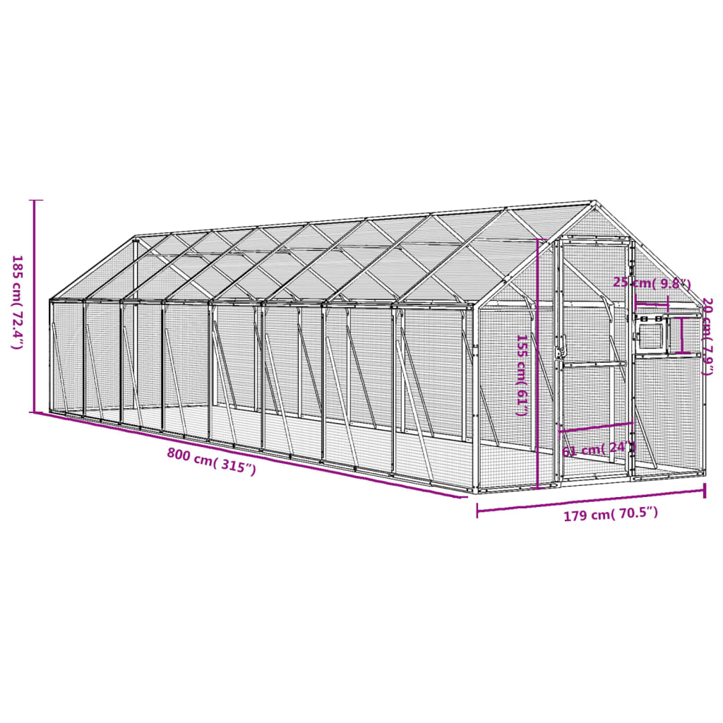 vidaXL Woliera, antracytowa, 1,79x8x1,85 m, aluminium