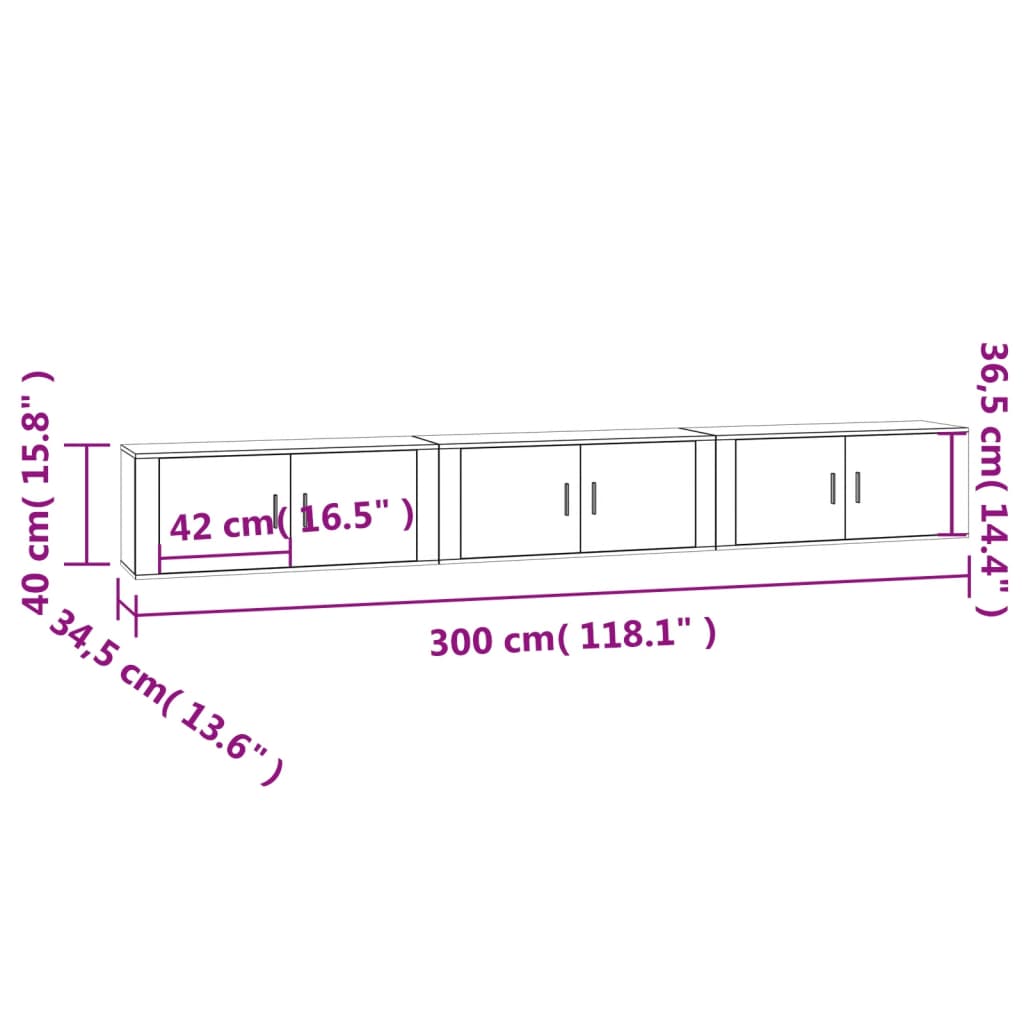 vidaXL Wiszące szafki TV, 3 szt., przydymiony dąb, 100x34,5x40 cm