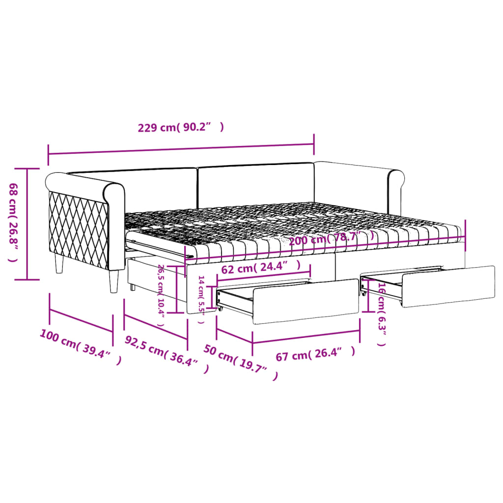 vidaXL Sofa rozsuwana z szufladami, ciemnoszara, 90x200 cm, aksamit