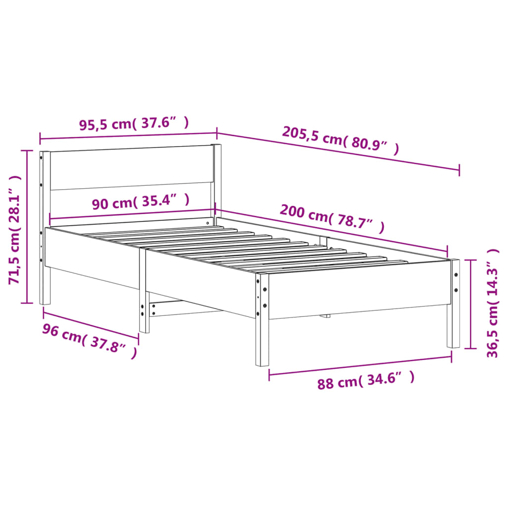 vidaXL Rama łóżka bez materaca, biała, 90x200 cm, lite drewno sosnowe