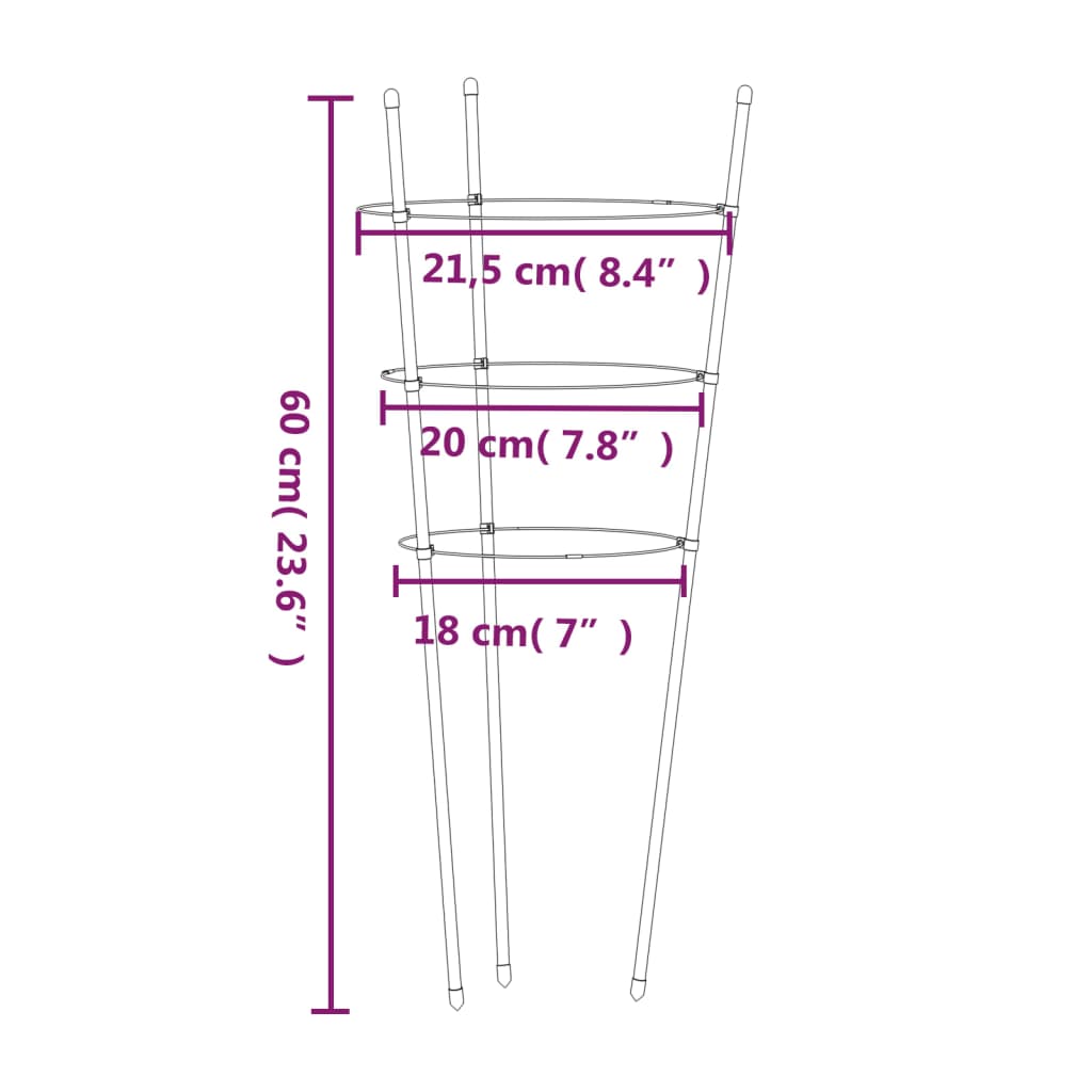 vidaXL Podpórki dla roślin, z 3 obręczami, 5 szt, zielone, 60 cm, stal