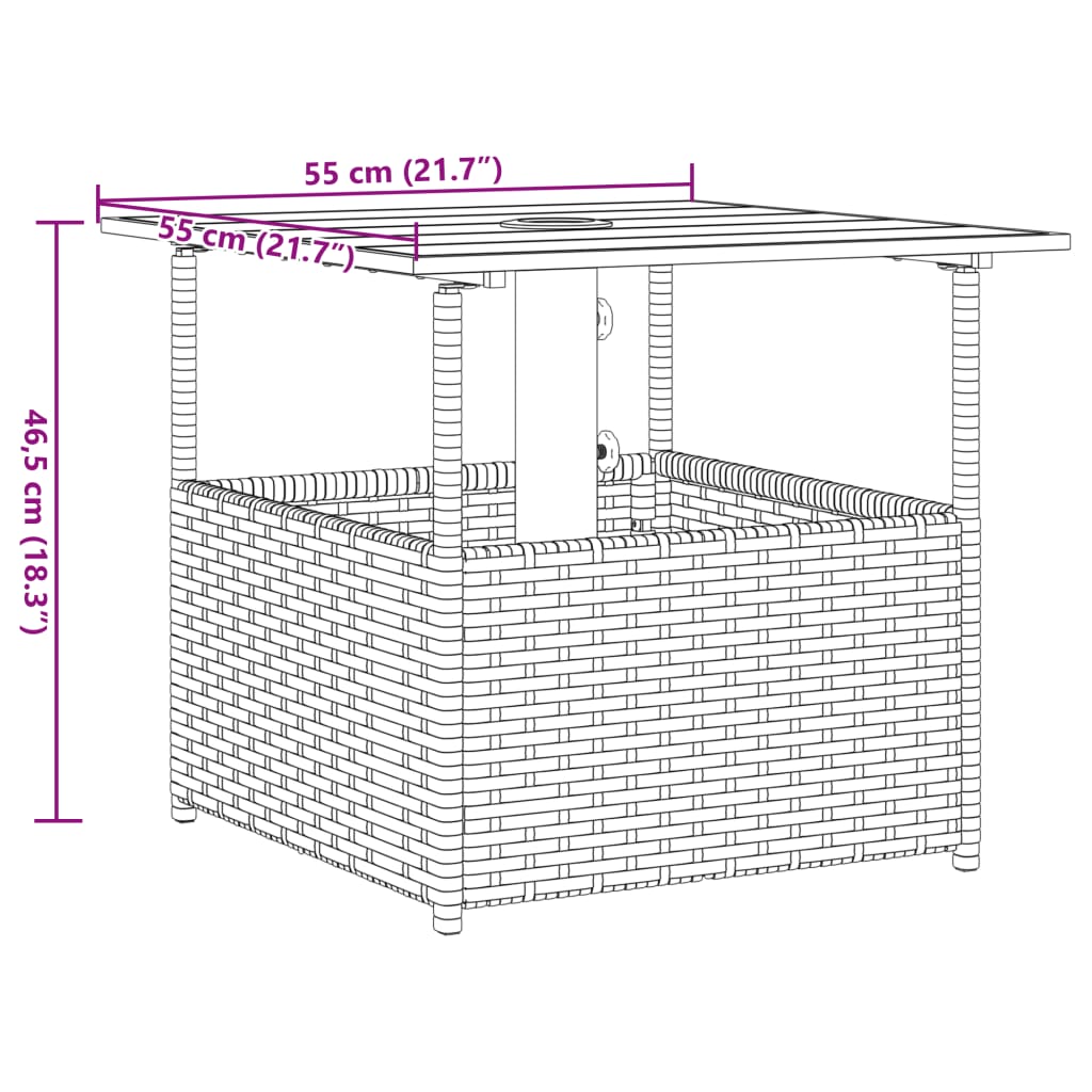 vidaXL Stolik ogrodowy z otworem na parasol, czarny, 55x55x46,5 cm