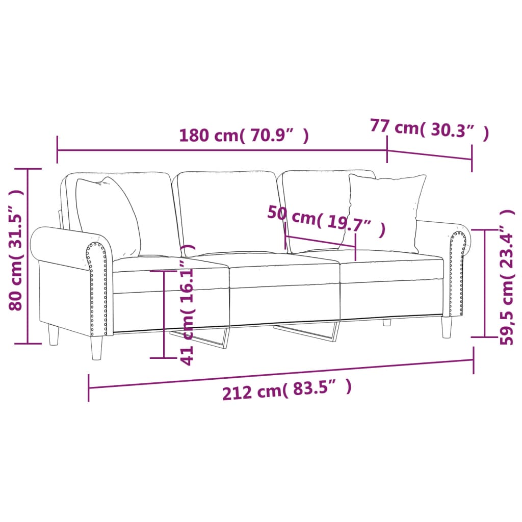 vidaXL 3-osobowa sofa z poduszkami, jasnoszara, 180 cm, aksamit