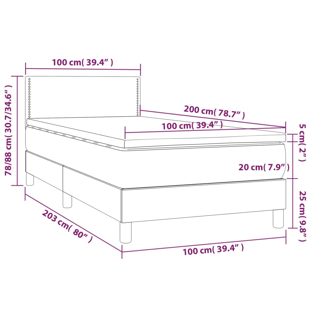 vidaXL Łóżko kontynentalne z materacem i LED, różowy aksamit 100x200cm