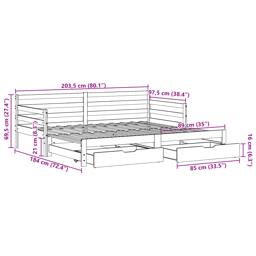 vidaXL Sofa rozsuwana z szufladami, bez materaca, białe, 90x200 cm