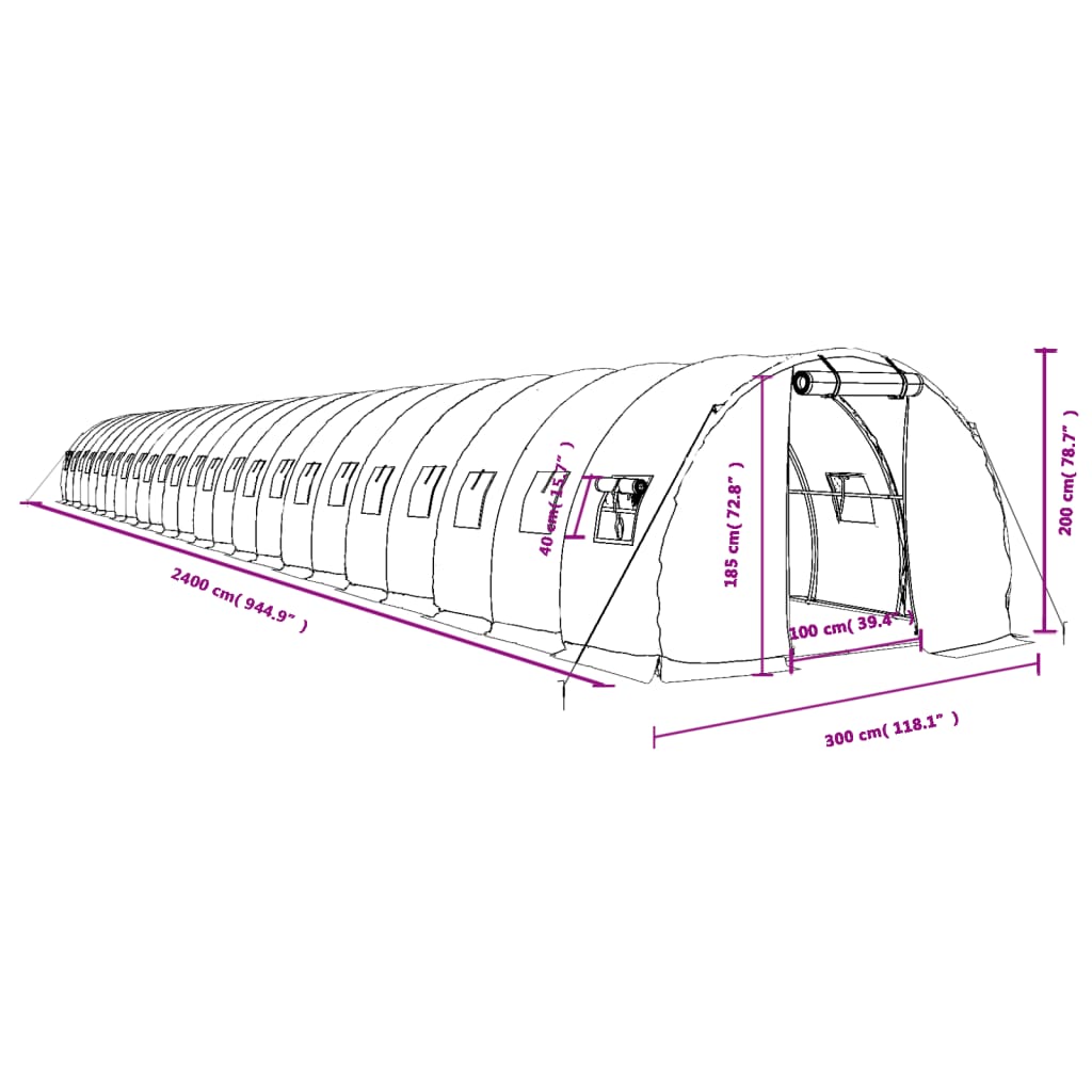 vidaXL Szklarnia ze stalową ramą, zielona, 72 m², 24x3x2 m