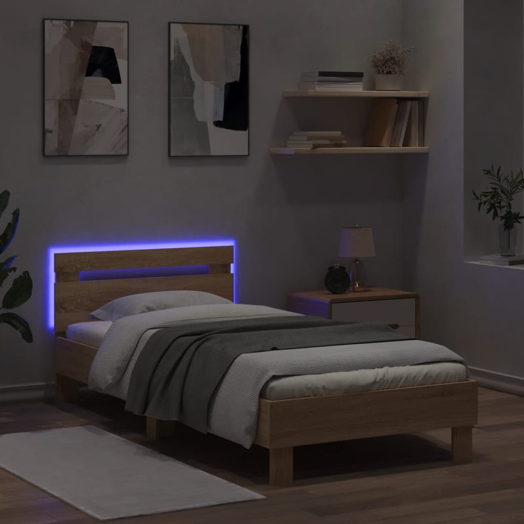 vidaXL Rama łóżka z wezgłowiem i LED, dąb sonoma, 75x190 cm