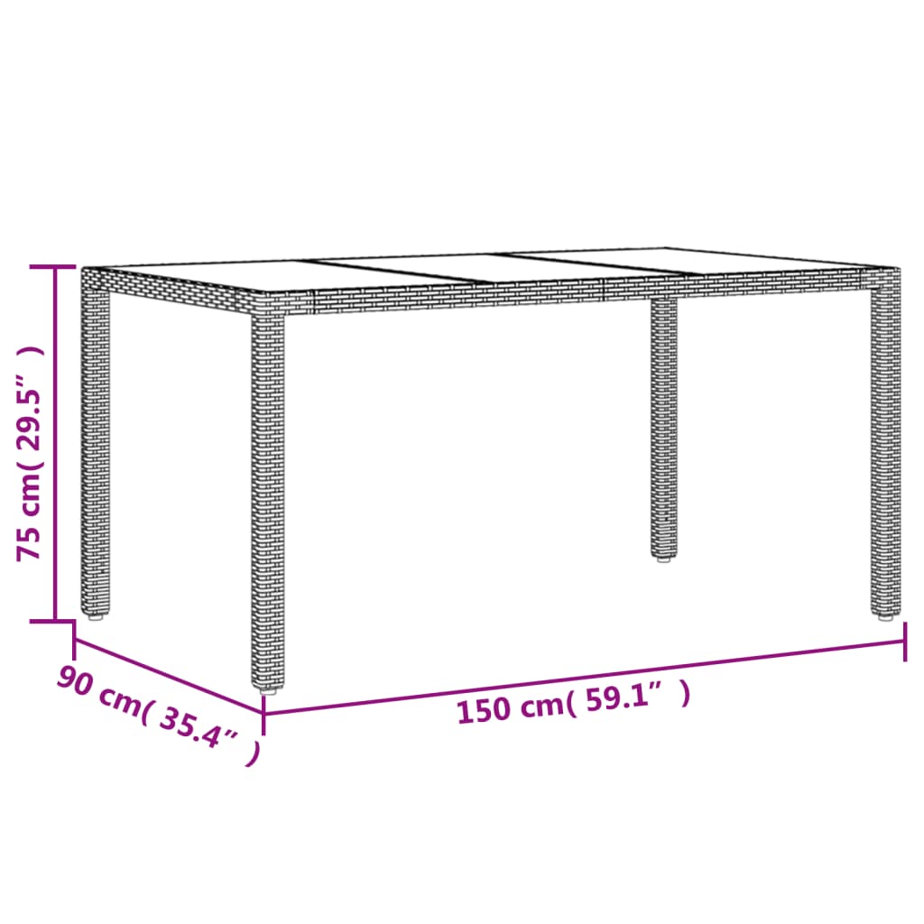 vidaXL Stół ogrodowy ze szklanym blatem, szary, 150x90x75cm, rattan PE