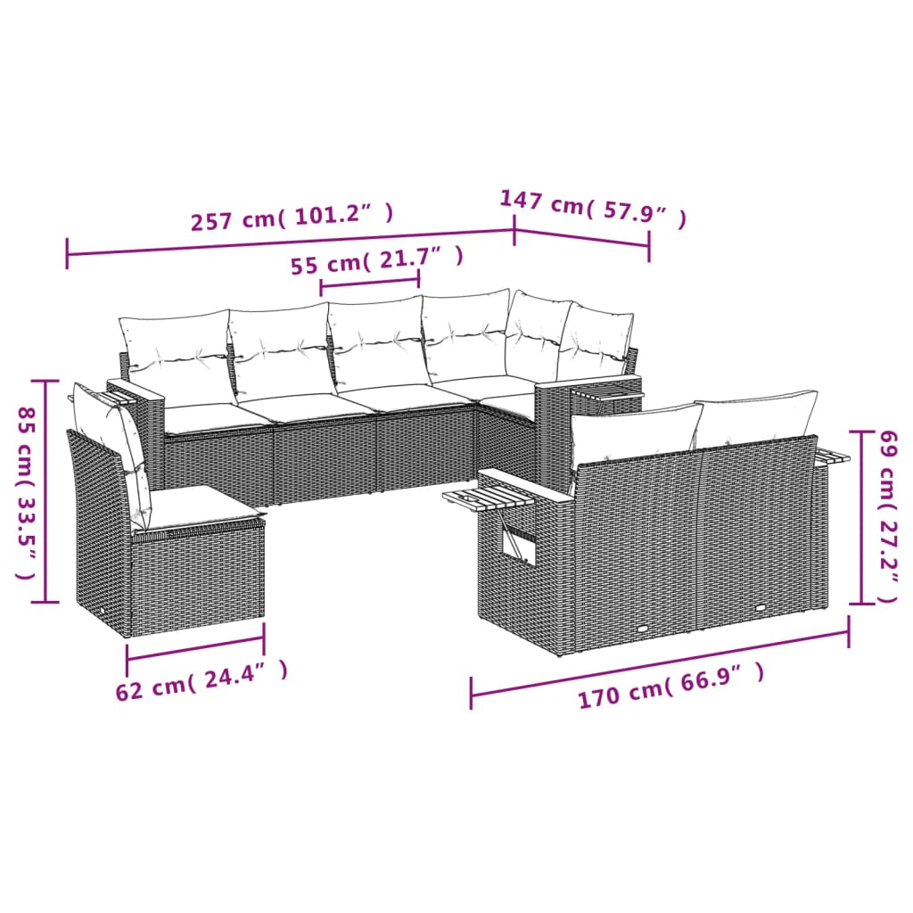 vidaXL 8-cz. zestaw mebli ogrodowych z poduszkami, beżowy, polirattan