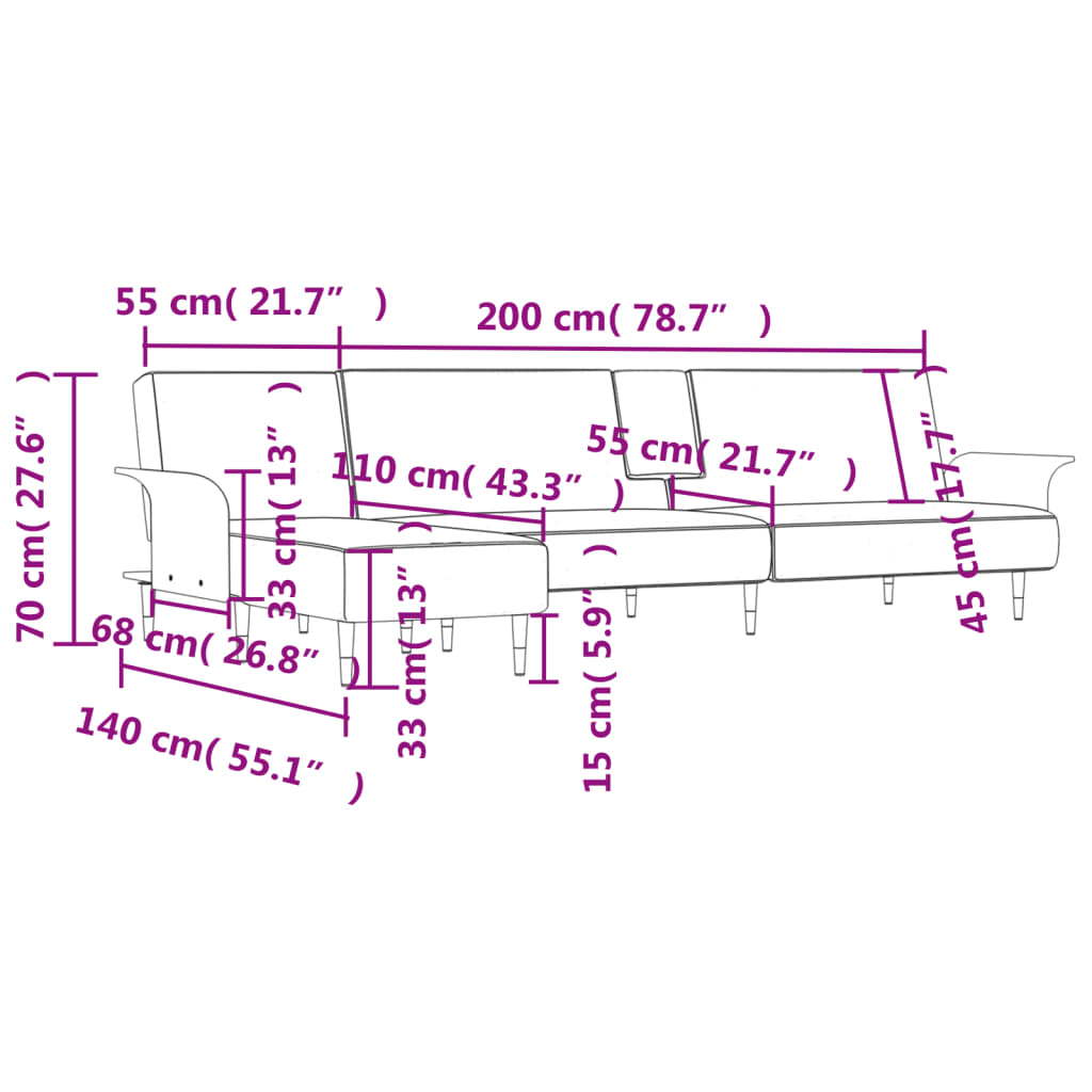 vidaXL Sofa rozkładana L, ciemnoszara, 279x140x70 cm, aksamit