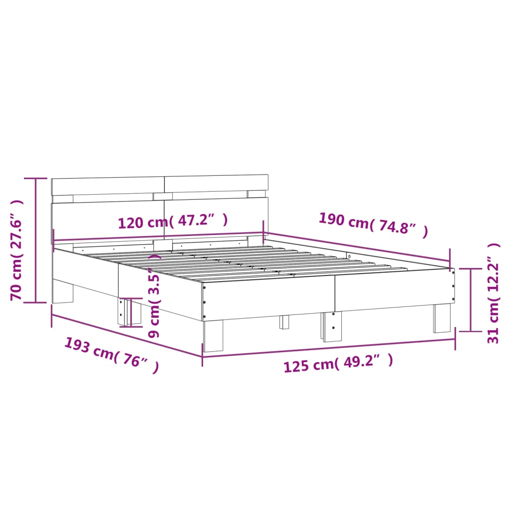 vidaXL Rama łóżka z wezgłowiem i LED, czarna, 120x190 cm