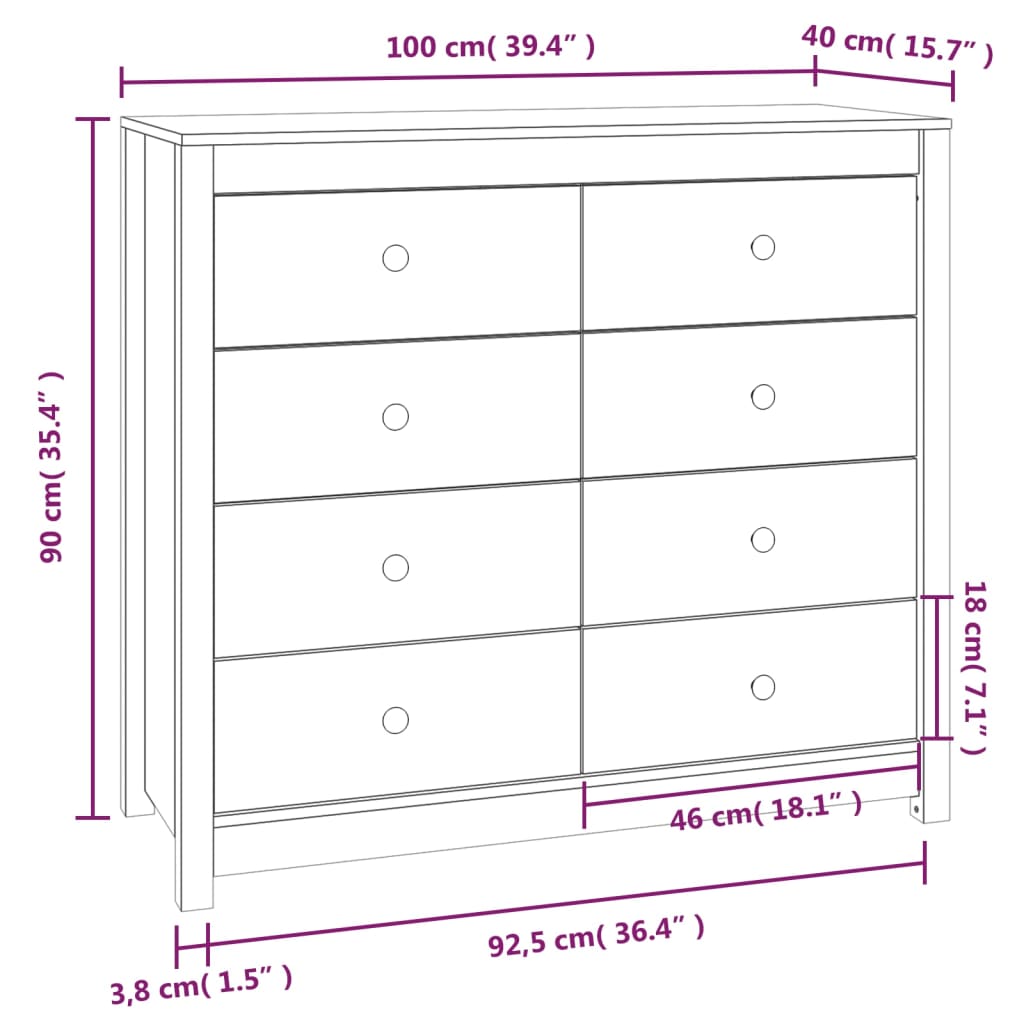 vidaXL Komoda,biały, 100x40x90 cm, lite drewno sosnowe