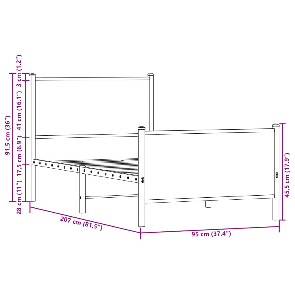 vidaXL Metalowa rama łóżka z wezgłowiem i zanóżkiem 90x200 cm