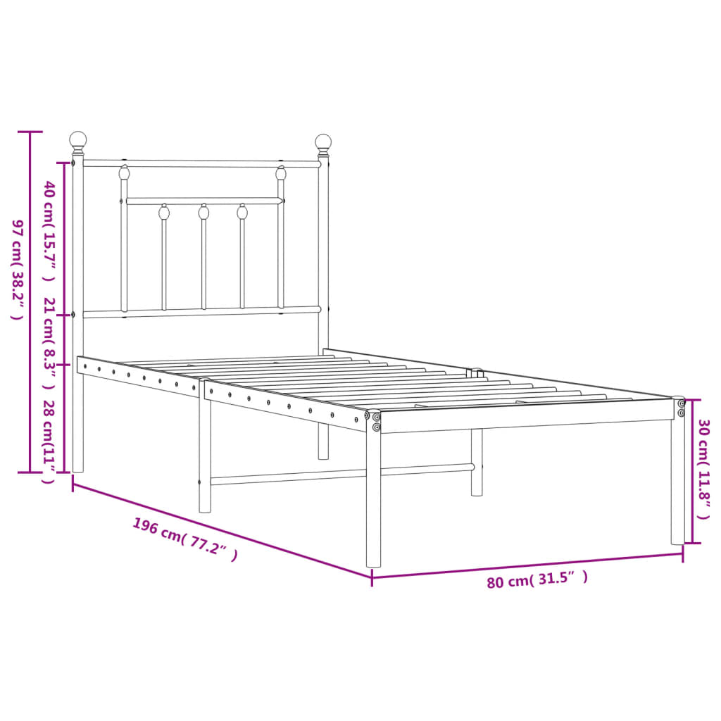 vidaXL Metalowe łóżko z wezgłowiem, bez materaca, białe, 75x190 cm