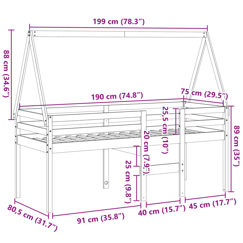 vidaXL Wysokie łóżko z dachem, 75x190 cm, lite drewno sosnowe