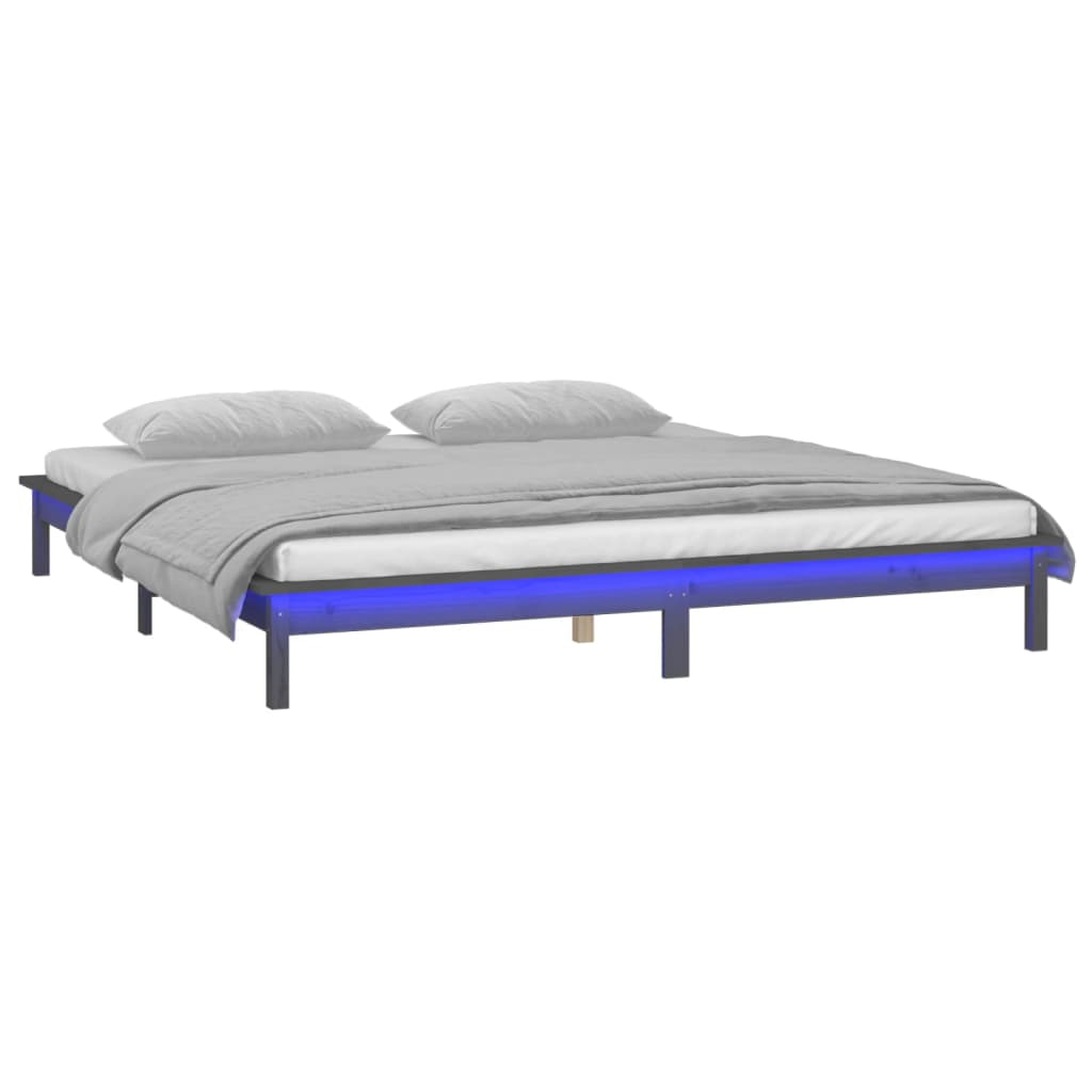 vidaXL Rama łóżka z LED, szara, 135x190 cm, podwójna, lite drewno
