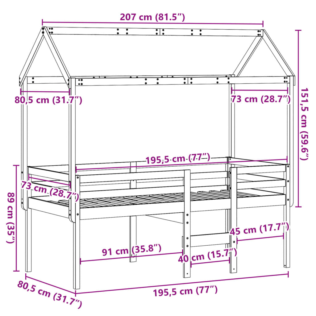 vidaXL Wysokie łóżko z dachem, 75x190 cm, lite drewno sosnowe