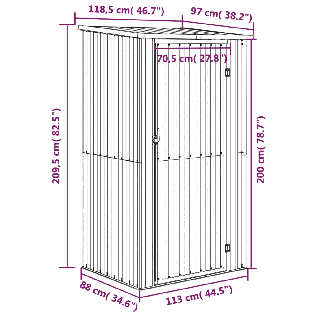 vidaXL Szopa ogrodowa, antracyt, 118,5x97x209,5 cm, stal galwanizowana