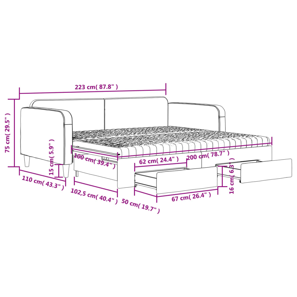 vidaXL Sofa rozsuwana z szufladami, czarna, 100x200 cm, tkanina