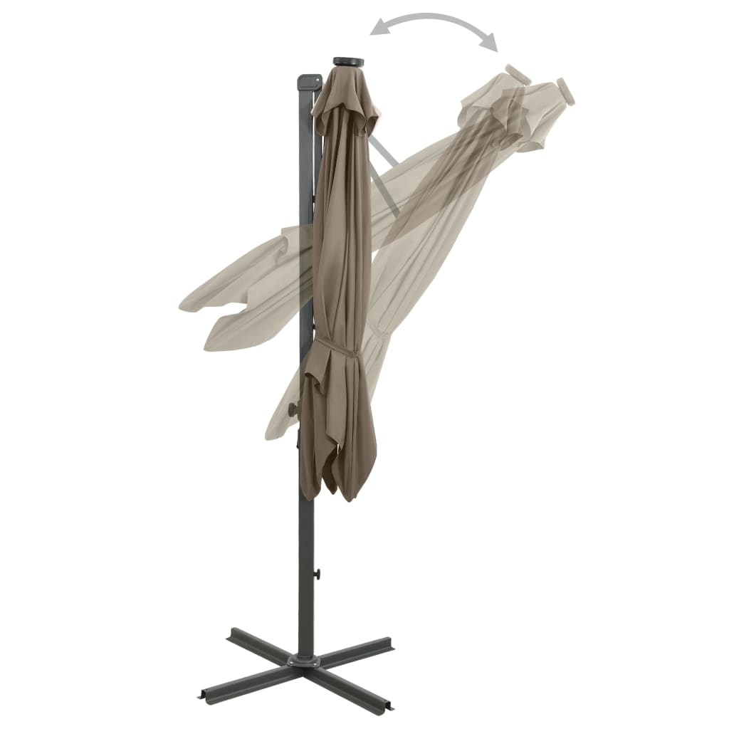 vidaXL Parasol wiszący z lampkami LED i słupkiem, 250 cm, taupe