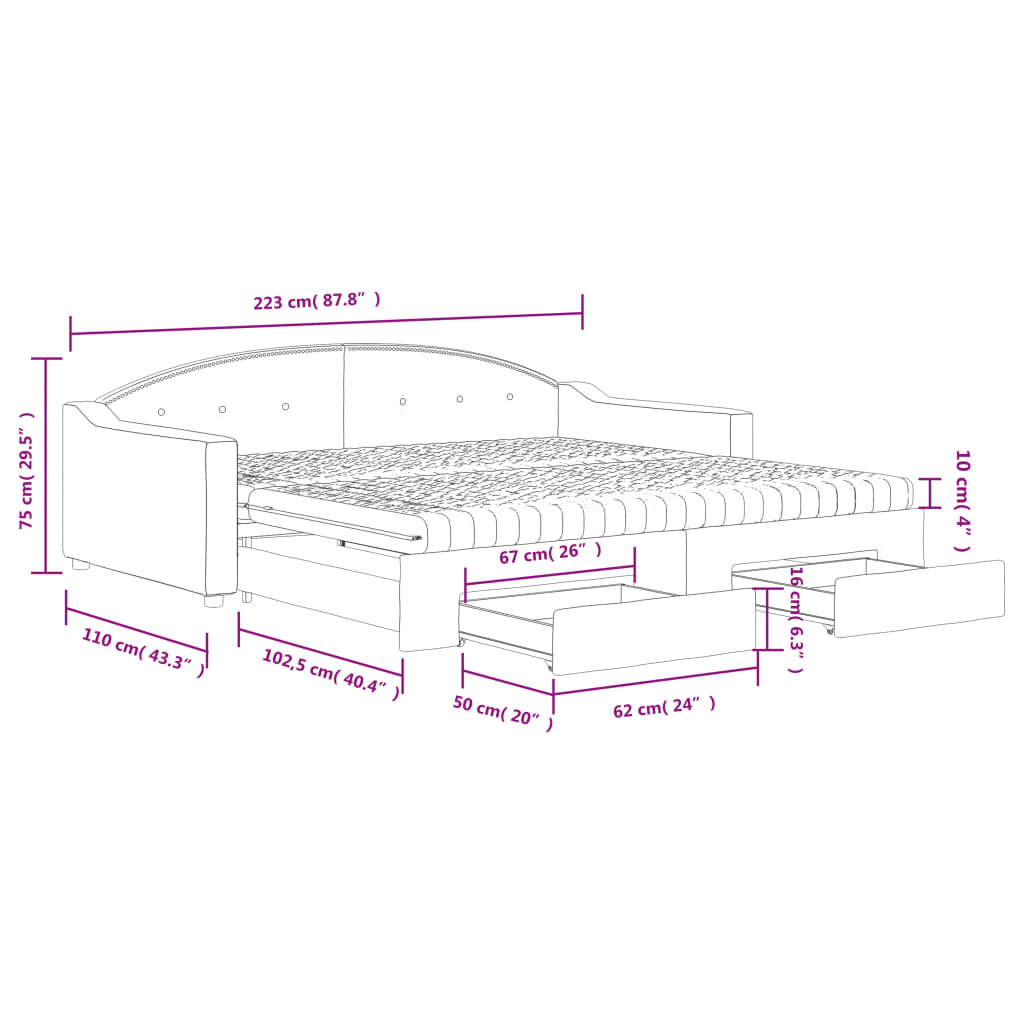 vidaXL Sofa rozsuwana z szufladami, kremowa, 100x200 cm, tkanina