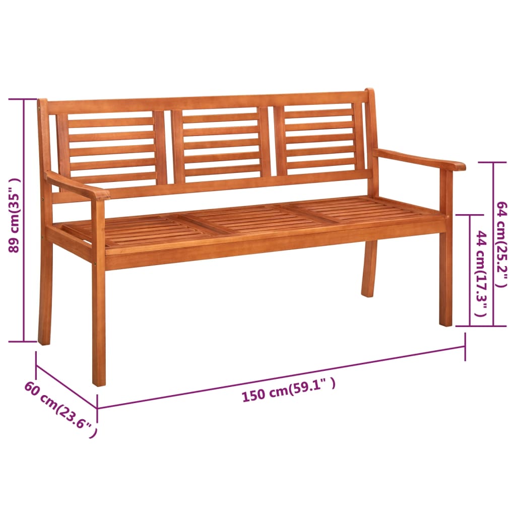 vidaXL 3-os. ławka ogrodowa z poduszką, 150 cm, lity eukaliptus