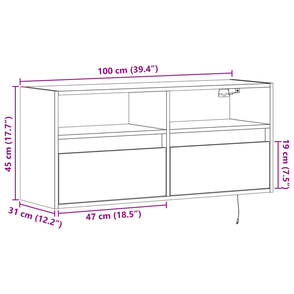 vidaXL Ścienna szafka TV z LED, czarna, 100x31x45 cm