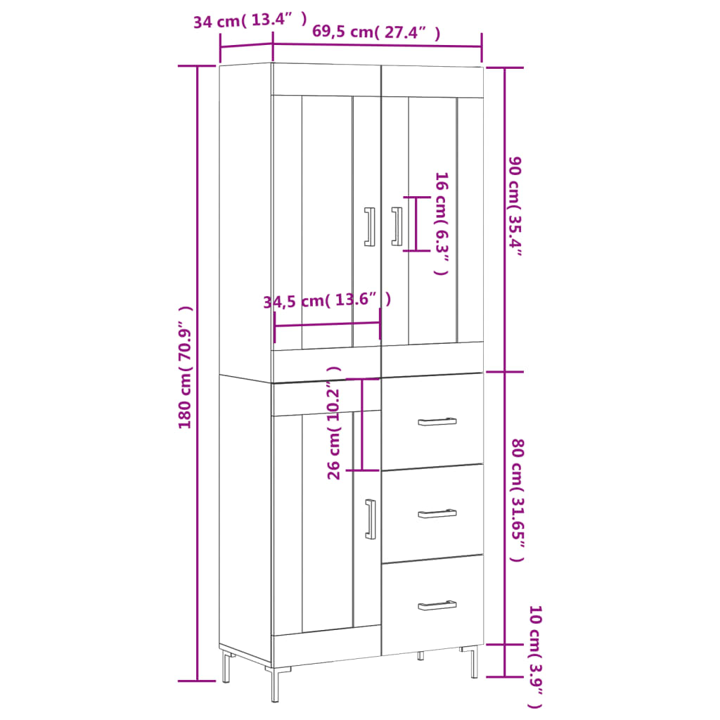 vidaXL Witrynka biała połysk 69,5x34x180 cm materiał drewnopochodny