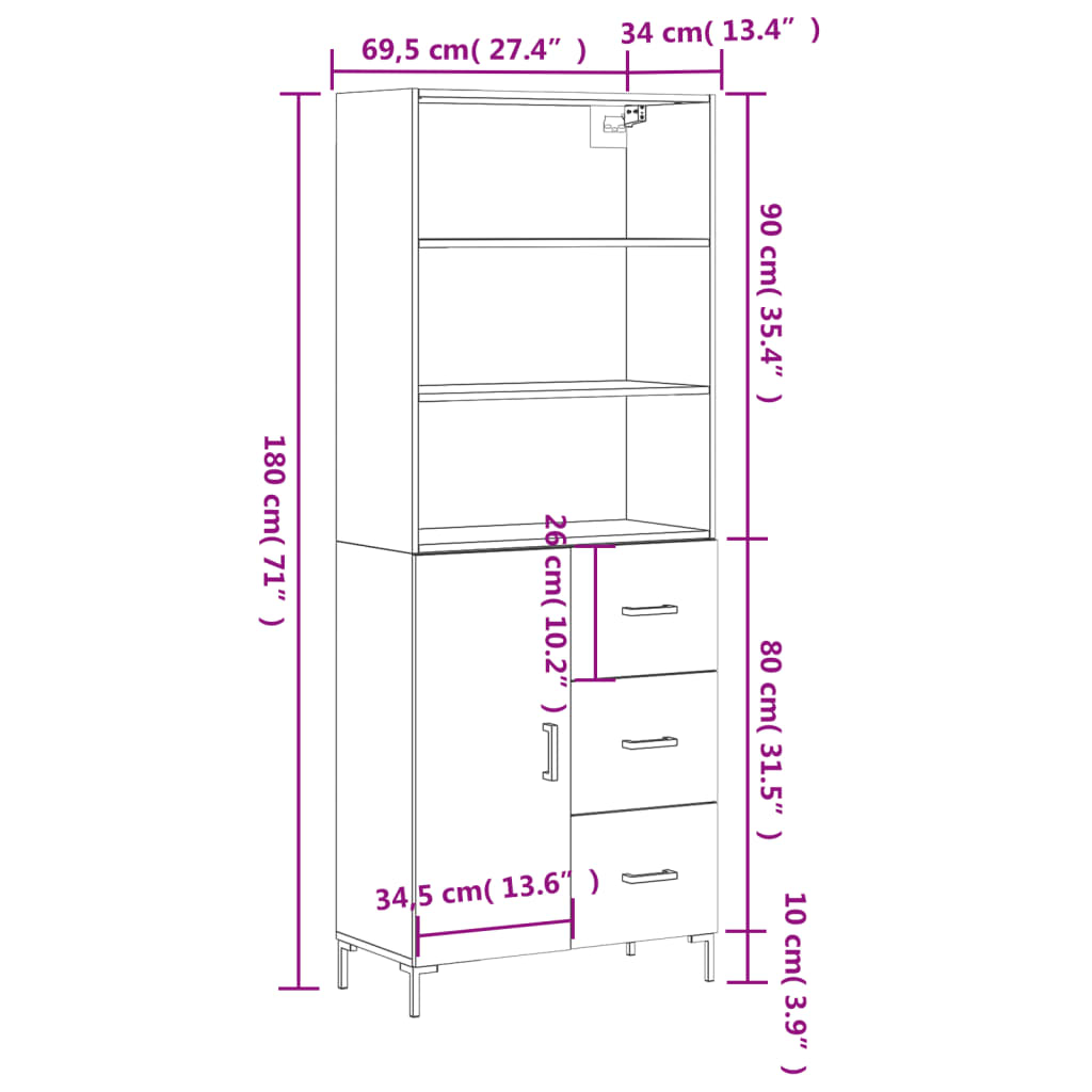 vidaXL Witrynka, szarość betonu 69,5x34x180 cm materiał drewnopochodny