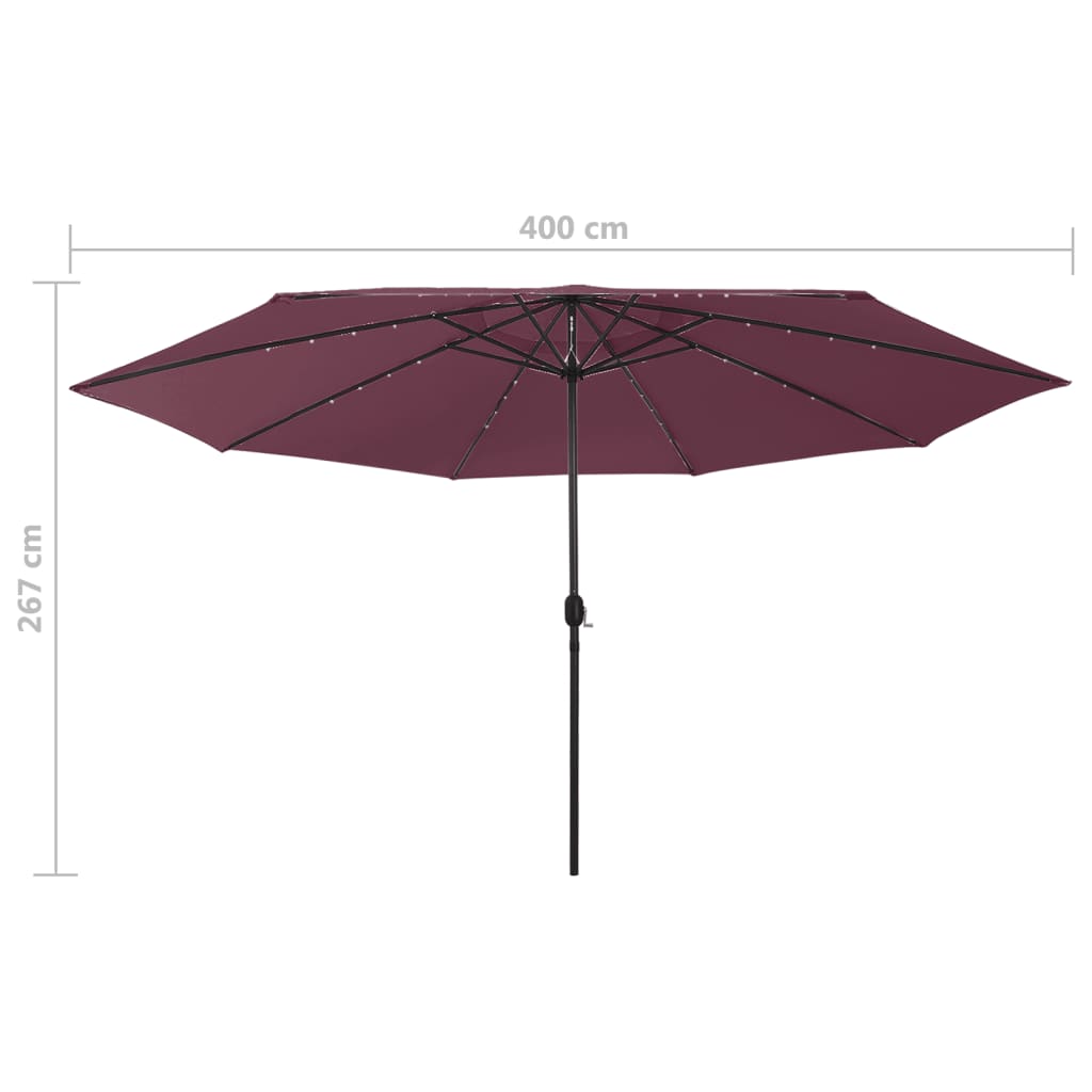 vidaXL Parasol ogrodowy z LED, 400 cm, bordowy